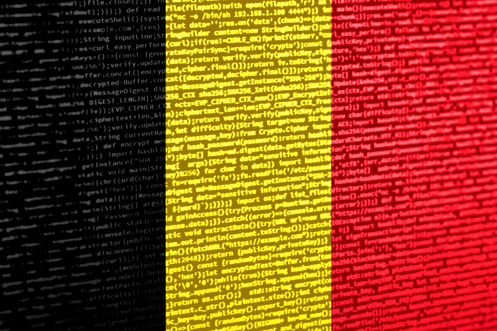 Flag of Belgium over digital code. Concept of cybersecurity, innovation, and digital infrastructure in Belgium. Modern tech development trends in Belgium. Programming, digital sovereignty and site de