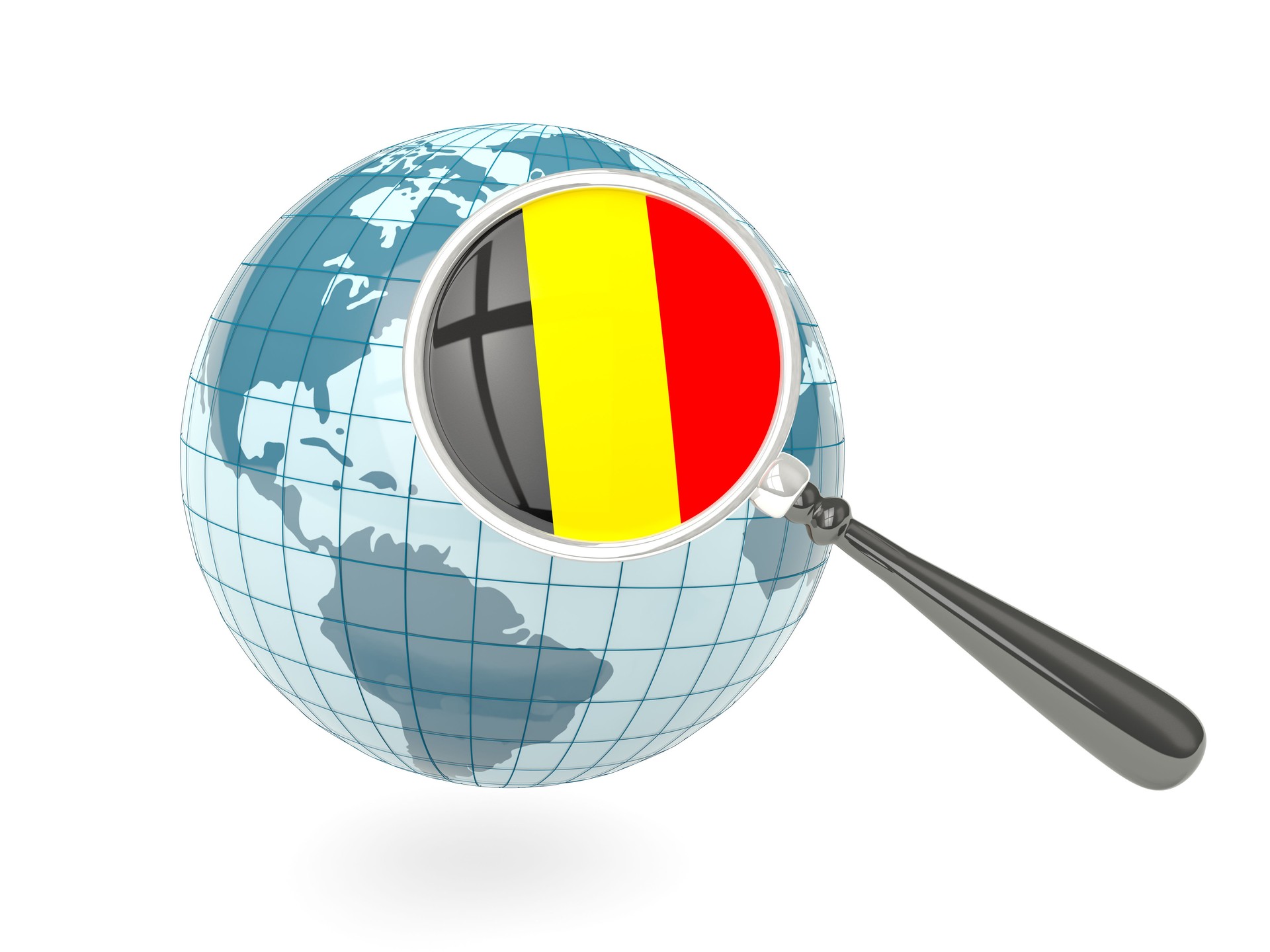 Magnified flag of belgium with blue globe